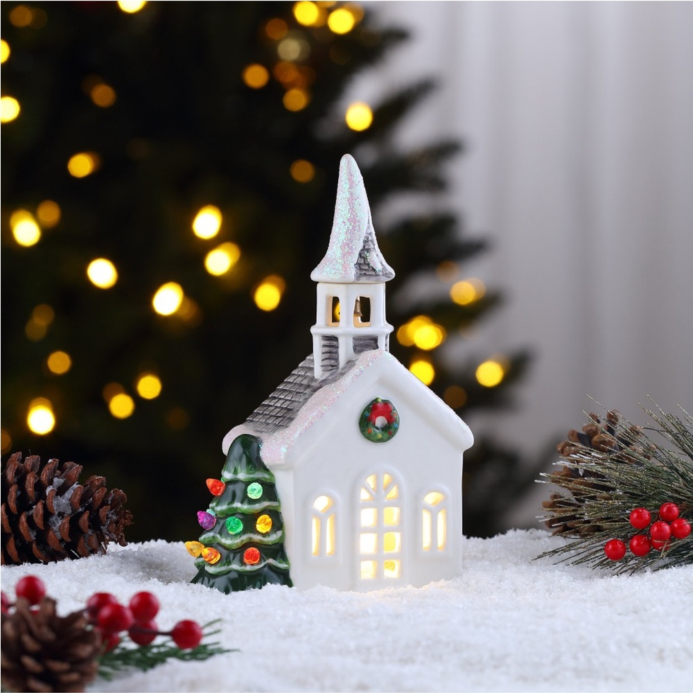 New In Box Mr. Christmas Nostalgic Christmas Village Ceramic Church Figurine